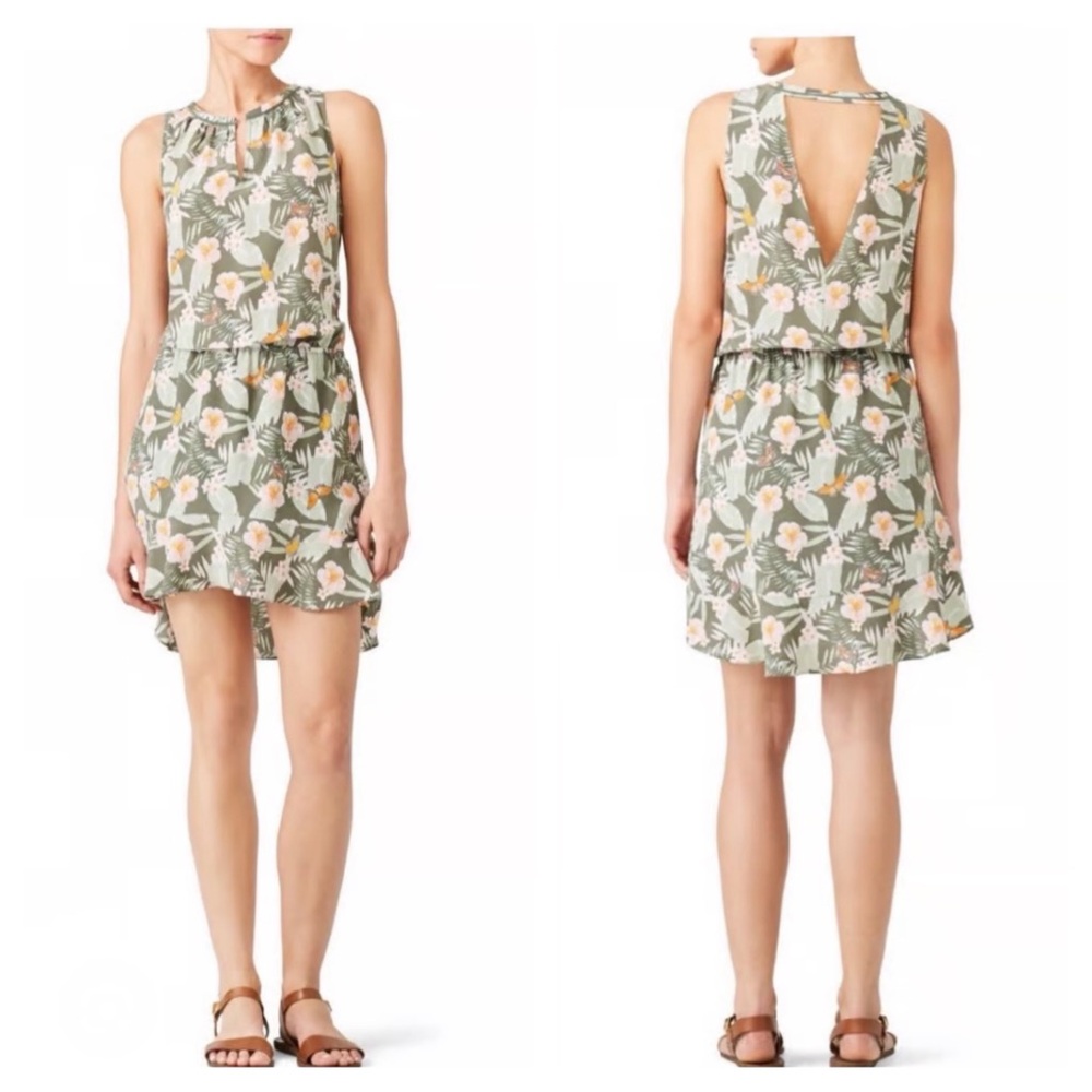 Joie Sabera Silk Dress Women’s Size Large Green Tropical Floral Butterfly Print